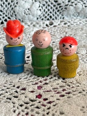 Vintage Fisher-Price Little People wood figures: cowboy/grumpy/balding  man